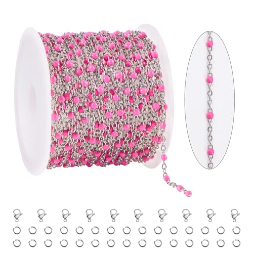 KYUNHO 16.4 Feet Rose Red Enamel Bead Chain Jewelry Supplies for Crafting | Stainless Steel Cable Chain Links on Roll Silver Chains for Jewelry Making with Jump Rings Lobster Clasps - color: Silver-Rose-2mm