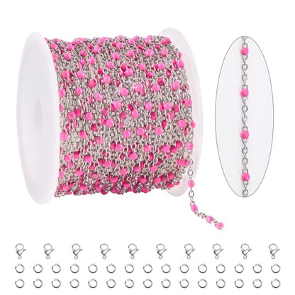 KYUNHO 16.4 Feet Rose Red Enamel Bead Chain Jewelry Supplies for Crafting | Stainless Steel Cable Chain Links on Roll Silver Chains for Jewelry Making with Jump Rings Lobster Clasps - color: Silver-Rose-2mm