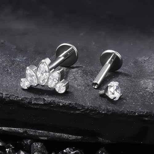 Titanium Flat Back Lip Rings Internally Threaded Earrings Studs Nose Rings 16G Opal CZ Tragus Cartilage Lobe Rook Helix Conch Labret Medusa Piercing Jewelry for Women Men W Piercing Taper Set - style: Five CZ