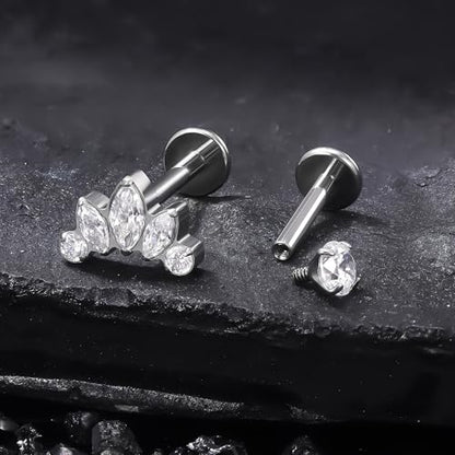 Titanium Flat Back Lip Rings Internally Threaded Earrings Studs Nose Rings 16G Opal CZ Tragus Cartilage Lobe Rook Helix Conch Labret Medusa Piercing Jewelry for Women Men W Piercing Taper Set - style: Five CZ