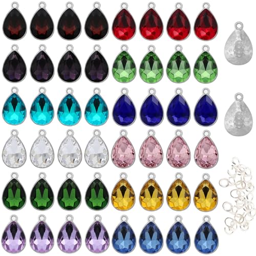 Glass Rhinestone Charms, 48 Pcs 12 Colors Birthstone Beads Crystal Dangle Pendants for Jewelry Making Earrings Necklace Bracelet - color: Silver