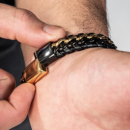 SERASAR | Premium Genuine Leather Bracelet [Steel] for Men in Black | Magnetic Stainless Steel Clasp in Black, Silver and Gold | Exclusive Jewellery Box | Great Gift Idea - color: Gold/Black, size: 17cm