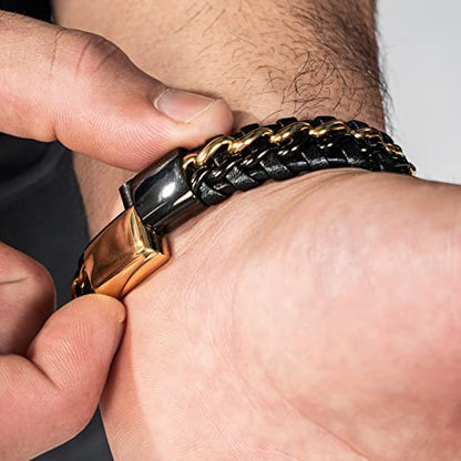 SERASAR | Premium Genuine Leather Bracelet [Steel] for Men in Black | Magnetic Stainless Steel Clasp in Black, Silver and Gold | Exclusive Jewellery Box | Great Gift Idea - color: Gold/Black, size: 20cm