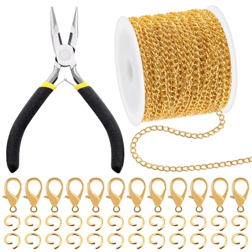 Mardatt 102Pcs Jewelry Making Kit, 10 Yards Necklace Chains with 50Pcs Open Jump Rings, 50Pcs Lobster Clasps, Chain Nose Pliers for DIY Necklace Bracelet Jewelry Making (Gold) - color: Gold