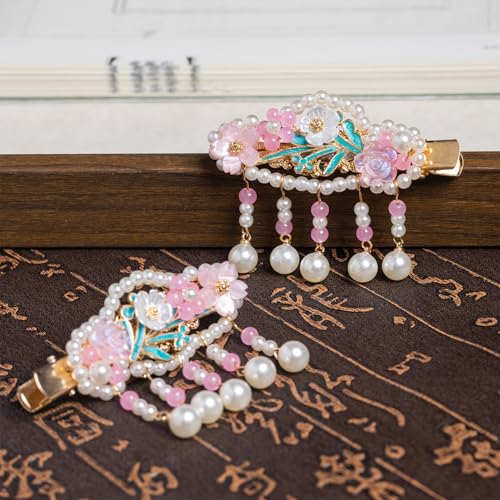 A Pair Wedding Hair Clips, Handmade Floral Design Crystal Hair Clips Pearl Barrettes, Rhinestones Flower Clips Pearl Headpieces Hair Pins Hair Accessories for Women Girls (Pink Flower) - color: Pink Flower