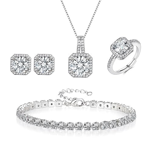 EVER FAITH Wedding Jewelry Set for Bride Bridesmaid, Glamour Teardrop Cubic Zirconia Pendant Necklace Earrings Tennis Bracelet Open Ring Sets for Birthday/Valentine's Day/Mother's Day/Christmas - color: B_Clear