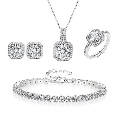 EVER FAITH Wedding Jewelry Set for Bride Bridesmaid, Glamour Teardrop Cubic Zirconia Pendant Necklace Earrings Tennis Bracelet Open Ring Sets for Birthday/Valentine's Day/Mother's Day/Christmas - color: B_Clear