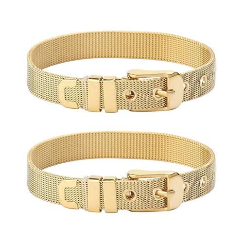 Stainless Steel Mesh Bracelet Wristband 8mm Wide Cuff Bangle Watch Band Style with Adjustable Buckle Mesh Link Chain for Slide Charms Jewelry Making 2 PCS - color: Golden
