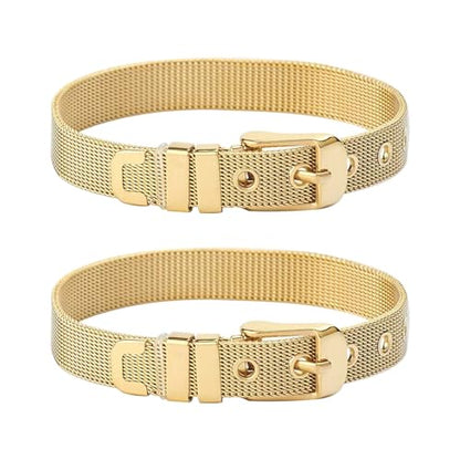 Stainless Steel Mesh Bracelet Wristband 8mm Wide Cuff Bangle Watch Band Style with Adjustable Buckle Mesh Link Chain for Slide Charms Jewelry Making 2 PCS - color: Golden