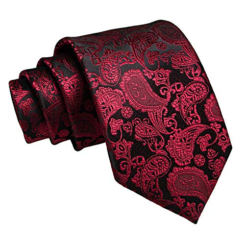 JEMYGINS Mens Solid Color Paisley Necktie and Pocket Square with Tie Clip Sets - color: Burgundy