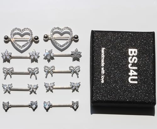 BSJ4U Nipple Piercing Jewelry 14G Stainless Steel Nipple Rings for Women Heart Butterfly Flower Bow Nipple Barbells - color: Silver CZ Nipple Piercing Jewelry