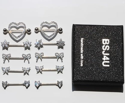 BSJ4U Nipple Piercing Jewelry 14G Stainless Steel Nipple Rings for Women Heart Butterfly Flower Bow Nipple Barbells - color: Silver CZ Nipple Piercing Jewelry