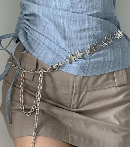 QWALIT Silver Gold Chain Belt for Women Fashion Waist Chain Belt Star Butterfly Metal Belt Music Festival Y2K Accessories - style: 11- star silver