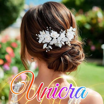 Flower Bride Wedding Hair Vine Pearl Bridal Hair Piece Leaf Hair Accessories Rhinestone Headband for Women (9inches) (Silver) - color: Silver