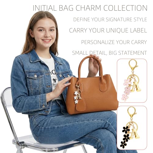 Floral Series Initial Bag Charm, Cute Flower & Bubble Letter Purse Charms, Keychain Accessories Gift for Women - color: White Flower, style: A