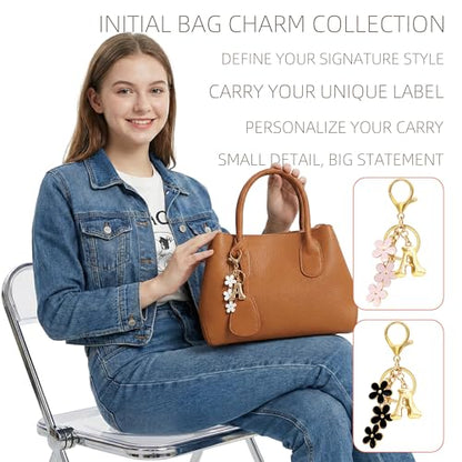 Floral Series Initial Bag Charm, Cute Flower & Bubble Letter Purse Charms, Keychain Accessories Gift for Women - color: White Flower, style: A