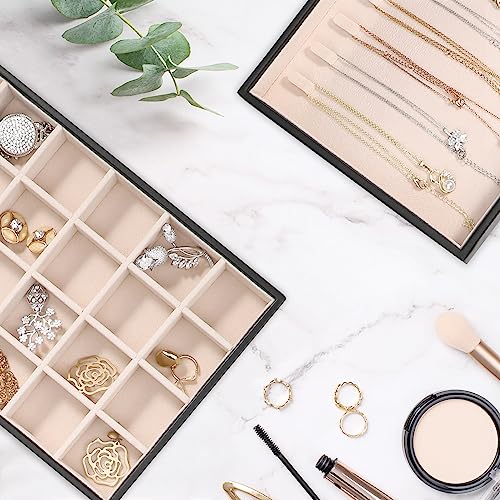 Voova Stackable Jewelry Organizer Tray with Lid (Set of 4, Black) | Stackable PU leather jewelry trays with drawer inserts for earrings, rings, necklaces, bracelets and watches; set of 4 - color: Black