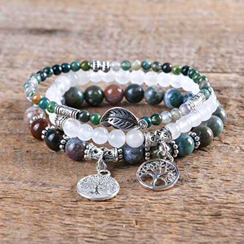 YGLINE Tree of Life Yoga Healing Stone Bracelets,Multilayer Lotus Chakra Stone Reiki Bracelet Sets,Anxiety Crystal Natural Stone,for Women Stress Relief - color: agate＆white marble-3w