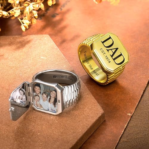 AILIN Custom Picture Rings For Men Personalized Engraved Monogram Initial Number Family Crest Coat of Arms Signet Rings For Father Son Family Memorial Dad Rings Class Graduation Gifts For Papa - style: Square Style