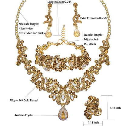 Jewelry Set for Women, Statement Necklace Dangle Earrings Bracelet Ring, White/KC Gold Plated Jewelry Set with Rhinestone Pearl Crystal Wedding Party Jewelry for Bridal Bridesmaid - color: Set001-Style2-Champagne-Gold Plated