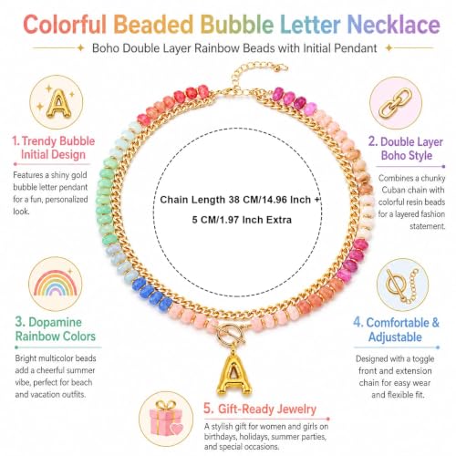 Colorful Beaded Bubble Letter Necklace For Women, Boho Double Layer Dopamine Rainbow Resin Beads Thick Cuban Chain Chunky With Initials Pendant Necklaces Summer Beach Jewelry Gift ﻿ - color: Dop C
