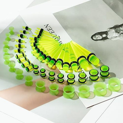 50 Pcs Ear Gauges Stretching Kit 14G-00G | Acrylic Tapers and Plugs Silicone Tunnels, Gauge Expanders Stretching Kit, Piercing Earring Jewelry for Men and Women - color: Green