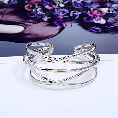 Boho Chunky Cuff Bracelet for Women,Gold/Silver/Rose gold Multi-layer Cross Wire Bangle Bracelets Open Adjustable Wide Cuff Bracelet Fashion Statement Jewelry - color: Silver