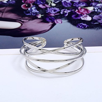 Boho Chunky Cuff Bracelet for Women,Gold/Silver/Rose gold Multi-layer Cross Wire Bangle Bracelets Open Adjustable Wide Cuff Bracelet Fashion Statement Jewelry - color: Silver