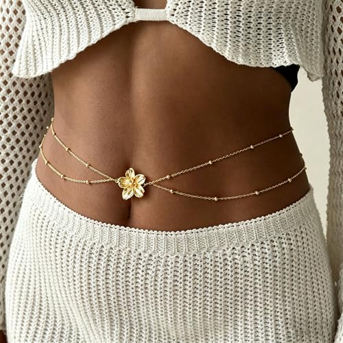 Gold Starfish Waist Chain Belt for Women Pearl Starfish Shell Mermaids Belly Chains Layered Boho Flower Belt Chains Sex Bikini Body Chain Mermaids Costume Accessories Summer Beach Jewelry - style: Gold Flower