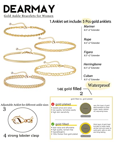 Dainty Ankle Bracelets for Women Waterproof | Layered Gold Plated Tennis Cuban Snake Rope Paperclip Beaded Link Chains Set, Summer Beach Jewelry Gift - color: Gold Anklet F