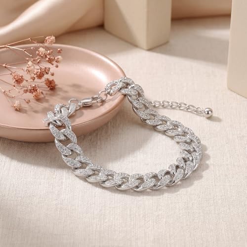 Width-12mm Chunky Cuban Link Ankle Bracelets for Women Waterproof, 18K Gold/Silver Plated Anklets Cubic Zirconia Adjustable Thick Chain Trendy Beach Summer Fashion Jewelry Gift - style: Style 2-Silver