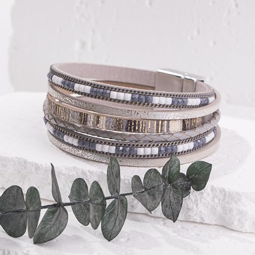 Boho Layered Leather Wrap Bracelets Chunky Western Country Hippie Jewelry | Stackable Bohemian Cowgirl Magnetic Clasp Cuff Bangle Set Fashion Stack Statement Festival Trendy Jewelry Gifts for Women - color: Grey