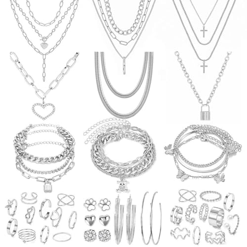 KOSMOS-LI 60 PCS Gold Plated Jewelry Sets with Costume Necklaces, Bracelets, Earrings, Knuckle Rings for Women - color: 43silver