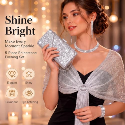 Tiamon 5 Pcs Rhinestone Jewelry Sets Shawls and Wraps Formal Clutch Purses for Women Evening Dresses Weddings Engagement - style: Noble