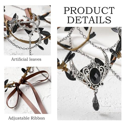 MOSTORY Woodland Elf Crown for Women - Medieval Elf Headpiece with Tassel for Renaissance Renfaire Fae Cosplay Viking Outfit - color: Black-silver