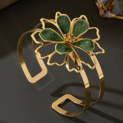 Gold Flower Jewelry Set For Women, 5 Pcs Chunky Golden Floral Pendant Necklace Bracelet Earrings Ring Set Statement Flower Jewelry Gifts For Beach Wedding - color: 5pcs-Green