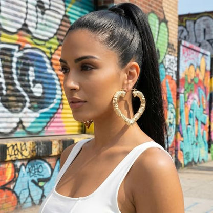 PAGOW 2 Pairs Large Bamboo Earrings, 14K Gold Plated Hoop Bamboo Earrings | Heart-Shaped Hoop Y2K Earrings, Hypoallergenic 80s 90s Shiny Hip Hop Earring Hoops for Women Jewelry Party - 2 Styles - color: gold,2 styles