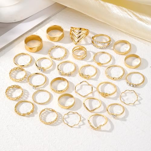 Golden Knuckle Rings Set for Women, 14k Golden Plated Open Stacking Knuckle Midi Rings Dainty Cubic Zirconia Crystal Simple Hollow Cute Rings Pack Jewelry Gifte - color: Golden 30PCS