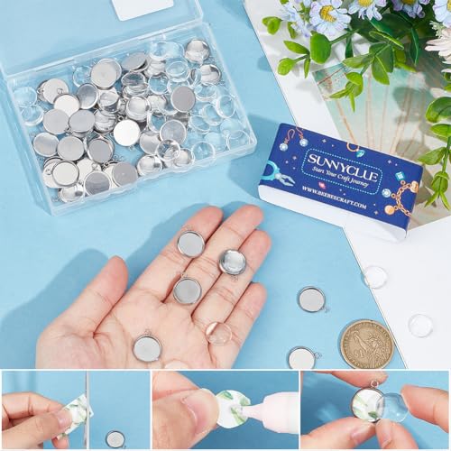 SUNNYCLUE 1 Box 120Pcs Bezel Tray Blanks Pendant Tray Kit Stainless Steel Pendant Bezels Round Clear Cabochon Domes Set for Jewelry Making Charms DIY Craft Photo Findings - color: Round Stainless Steel Cabochon Settings