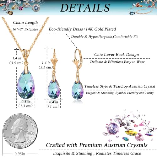Austrian Crystals Teardrop Pendant Necklace Earrings for Women 14K Gold Plated Hypoallergenic Leverback Drop Dangle Earrings Jewelry Set - color: Vitrail Light