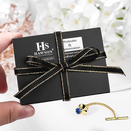 HAWSON Mens Tie Tack with Chain Round Crystal Wedding Business Accessories - color: Gold + Capri Blue