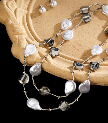Errally Long Pearl Necklace and Earring Set Layered Pearl Beaded Necklaces for Women White Costume Jewelry Sets Gifts for Mom - color: 14-Silver