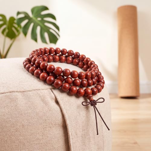 Handmade Mala Beads Bracelet 108 8mm Prayer Meditation Bracelet Sandalwood Elastic, Buddhist Beads, Prayer Mala Necklace for Men and Women Gifts - color: Blood Sandalwood