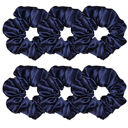 6 Pcs Satin Silk Scrunchies - Soft Hair Ties, Fashion Bands, Bows, Ropes, Elastic Bracelets, Ponytail Holders for Women and Girls (4.5 Inch, Navy Blue) - color: Navy Blue