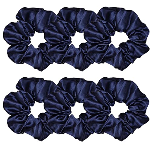 6 Pcs Satin Silk Scrunchies - Soft Hair Ties, Fashion Bands, Bows, Ropes, Elastic Bracelets, Ponytail Holders for Women and Girls (4.5 Inch, Navy Blue) - color: Navy Blue