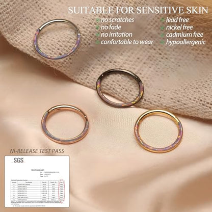 Opal Septum Jewelry Surgical Steel Septum Ring Daith Rook Tragus Earring | Hinged Segment Nose Hoop Ring,Hypoallergenic Septum Piercings for Women,Conch Cartilage Helix Jewelry,Diameter 6mm to 10mm - color: Rose Gold-Purple Opal, size: 16G 8mm