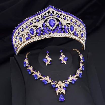 Princess Tiara Crown and Jewelry Sets for Women Wedding Rhinestone Crystal Tiaras and Crowns with Necklace Earrings Party Birthday Accessories - color: Gold Blue