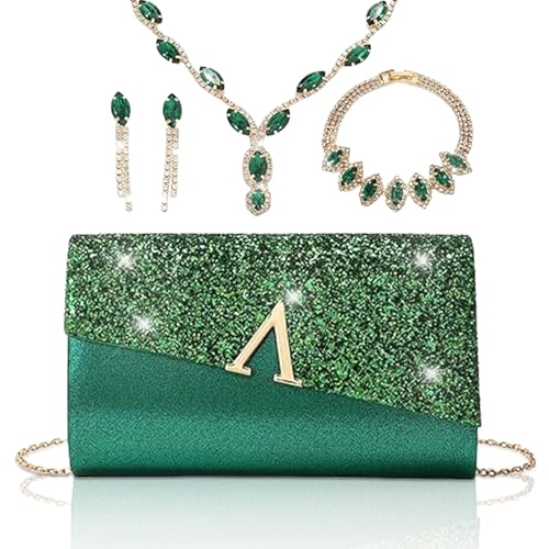 YYW 4 Pieces Women Evening Handbags Clutch Purse Bag with Rhinestone Crystal Jewelry Set for Wedding Party - color: green 1