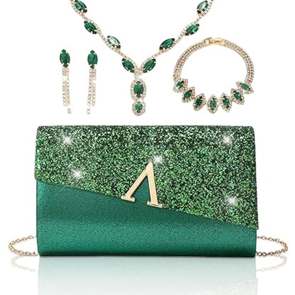 YYW 4 Pieces Women Evening Handbags Clutch Purse Bag with Rhinestone Crystal Jewelry Set for Wedding Party - color: green 1