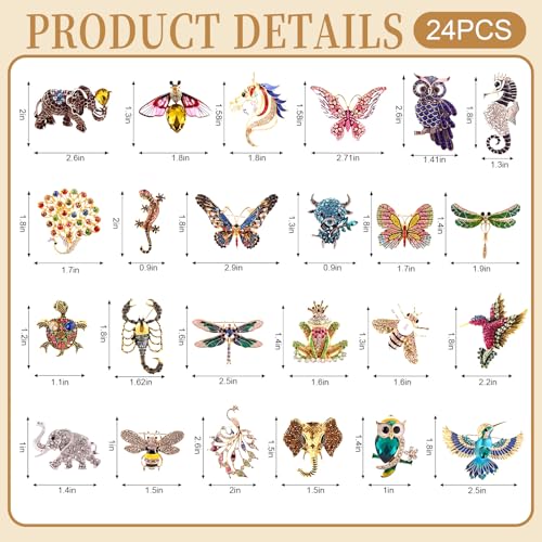 24 Pcs Vintage Animal Brooch Women Brooches Bulk Set Rhinestone Pin Crystal Brooch for Women Girls